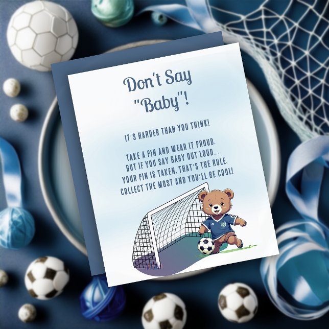 Boy Beer Voetbal Baby shower Zeg niet Baby Game (Cute Blue Teddy Bear Soccer Player Boy Baby Shower "Don't Say Baby!" Game Card)