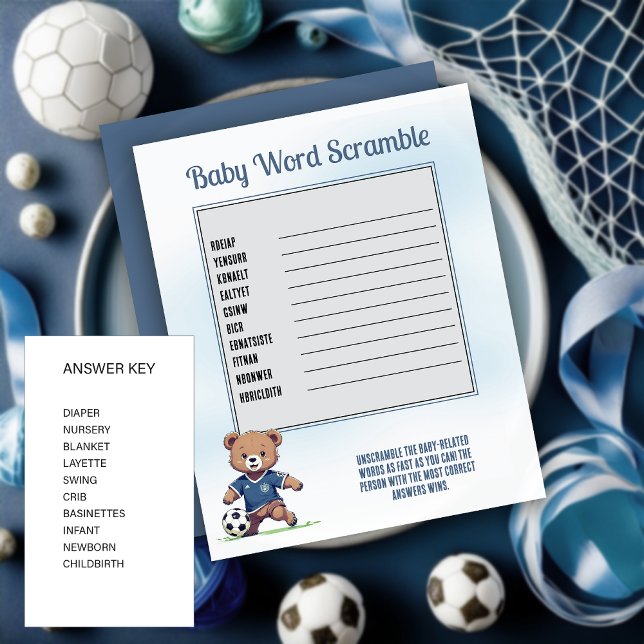 Boy Beer Voetballer Baby shower Word Scramble (Cute Blue Teddy Bear Soccer Player Boy Baby Shower "Baby Word Scramble" Game Card)