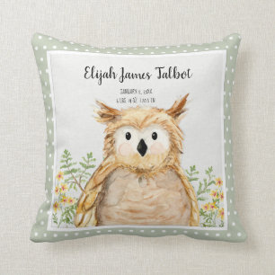 Boy Birth Stat Wise Owl Waterverf Woodland Animal Kussen