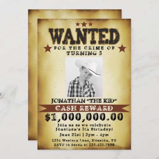 Boy Birthday Cowboy Gezocht Poster Uitnodiging (Voorkant / Achterkant)