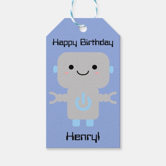 Boy Birthday Cute Cartoon Robot Blue Cadeaulabel (Voorkant)