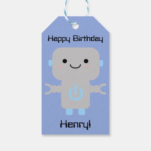 Boy Birthday Cute Cartoon Robot Blue Cadeaulabel (Achterkant)