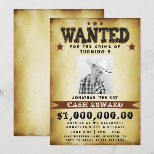 Boy Birthday Gezocht Poster Cowboy Uitnodiging (Voorkant / Achterkant)