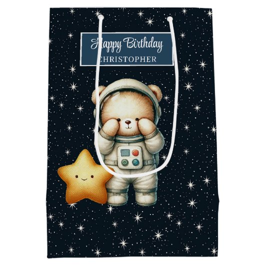 Boy Birthday Gift Bag met Space Explorer Beer Medium Cadeauzakje (Achterkant)