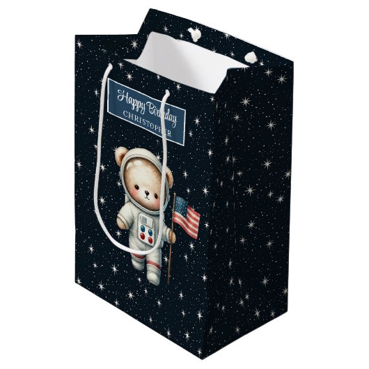 Boy Birthday Gift Bag met Space Teddy Bear Medium Cadeauzakje (Voorkant Gekanteld)