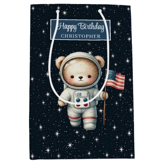 Boy Birthday Gift Bag met Space Teddy Bear Medium Cadeauzakje (Voorkant)