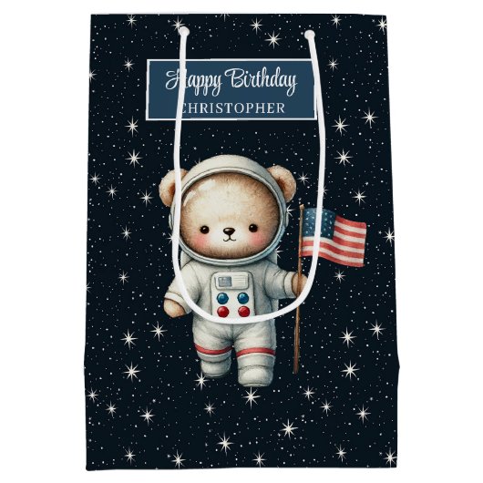 Boy Birthday Gift Bag met Space Teddy Bear Medium Cadeauzakje (Achterkant)