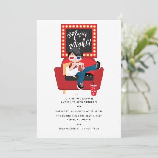 Boy Birthday Movie Night Sleepover Party Kaart (Staand voorkant)