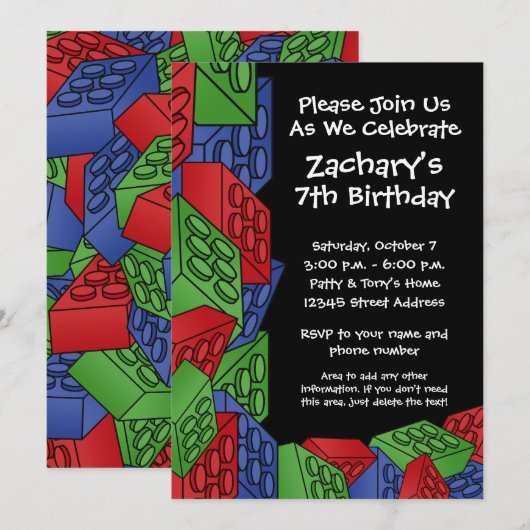 Boy Birthday Party - Bouwstenen Kaart (Voorkant / Achterkant)