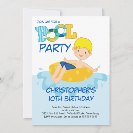 Boy Birthday Summer Pool Party Invitation Kaart (Voorkant)