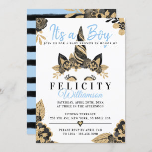 Boy Black Blue Gold Unicorn Baby shower Invitation Kaart