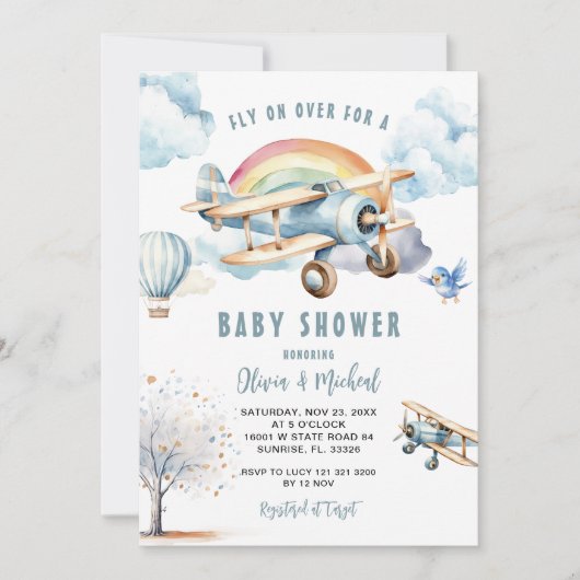 Boy Blue Airplane Baby shower Invitation Kaart (Voorkant)