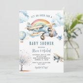 Boy Blue Airplane Baby shower Invitation Kaart (Staand voorkant)