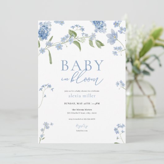 Boy Blue Baby in Bloom Baby shower Uitnodiging (Staand voorkant)