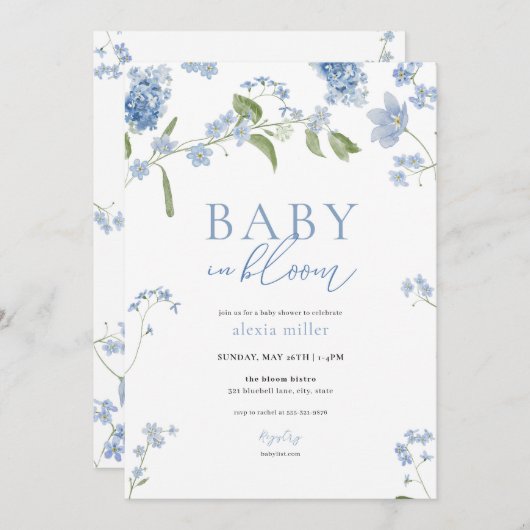 Boy Blue Baby in Bloom Baby shower Uitnodiging (Voorkant / Achterkant)