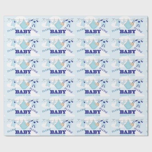 Boy Blue Baby shower Personaliseer Naam Tekst Cadeaupapier (Vlak)
