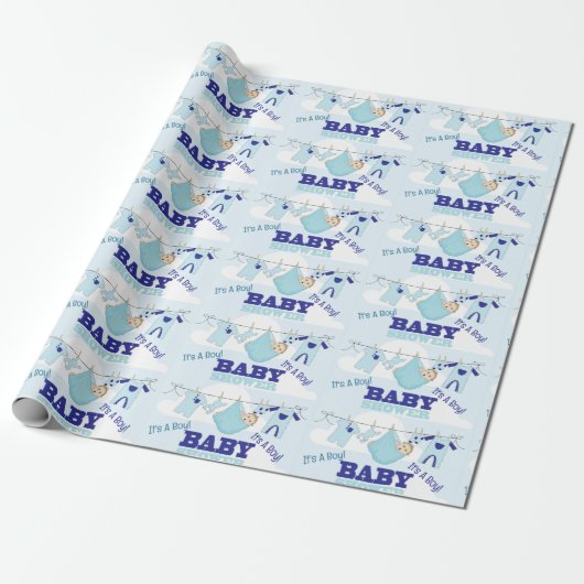 Boy Blue Baby shower Personaliseer Naam Tekst Cadeaupapier (Uitgerold)
