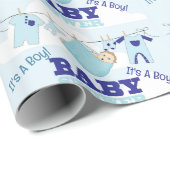 Boy Blue Baby shower Personaliseer Naam Tekst Cadeaupapier (Rol Hoek)