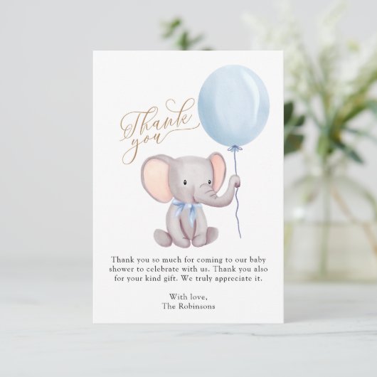 Boy Blue ballon Cute Elephant Baby shower Bedankkaart (Staand voorkant)