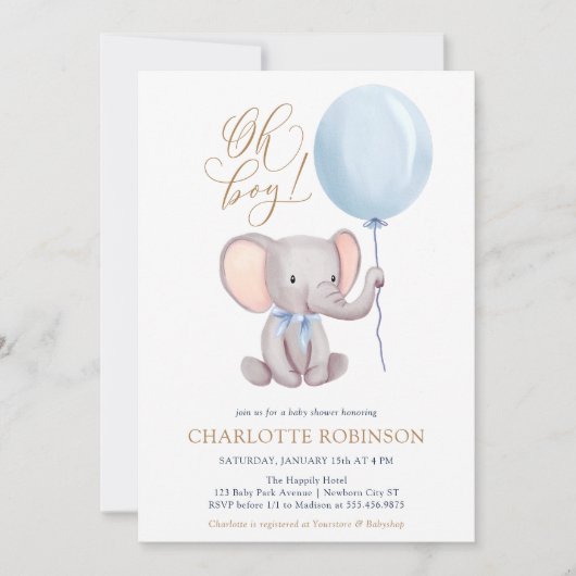 Boy Blue ballon Cute Elephant Baby shower Invitat Kaart (Voorkant)