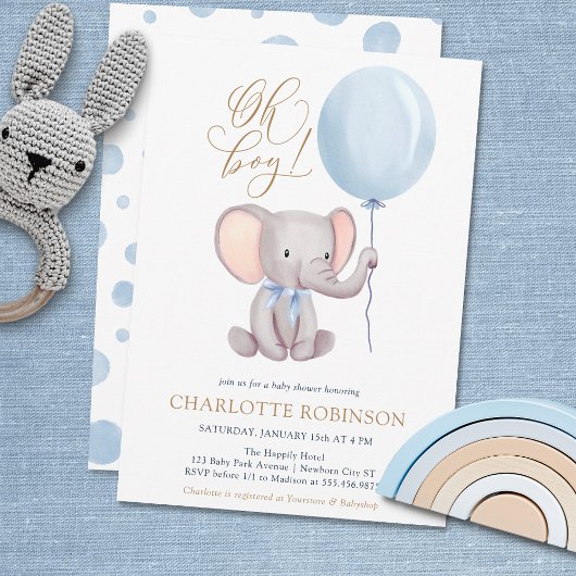 Boy Blue ballon Cute Elephant Baby shower Invitat Kaart