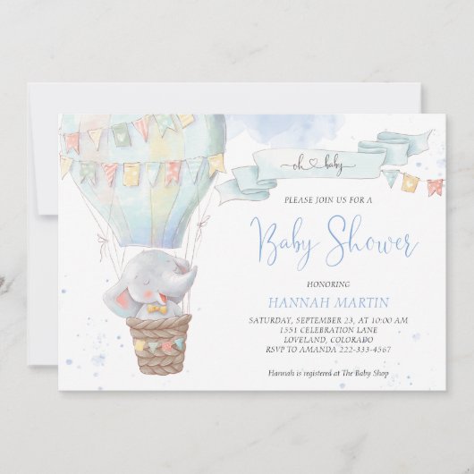 Boy Blue ballon Cute Elephant Baby shower Kaart (Voorkant)