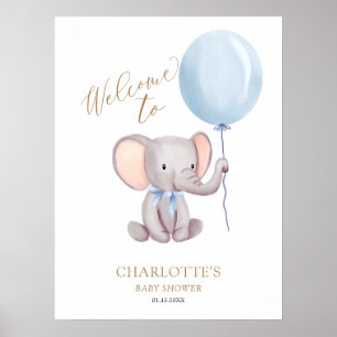 Boy Blue Balloon Elephant Baby shower Welkom Poster