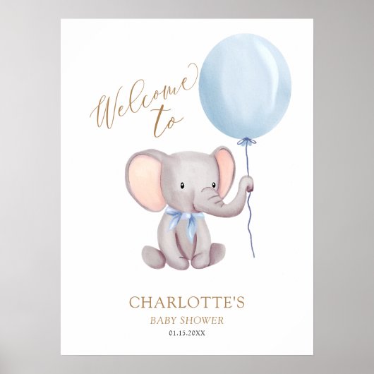 Boy Blue Balloon Elephant Baby shower Welkom Poster (Voorkant)
