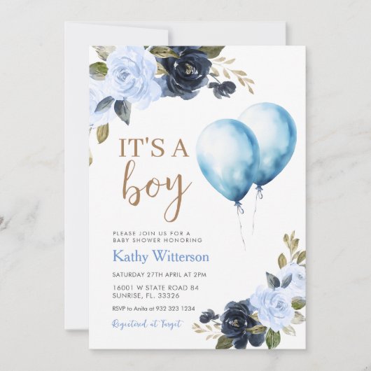 Boy Blue Balloon Floral Baby shower Kaart (Voorkant)