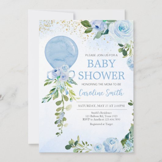 Boy Blue Balloon Greenery Baby shower Kaart (Voorkant)