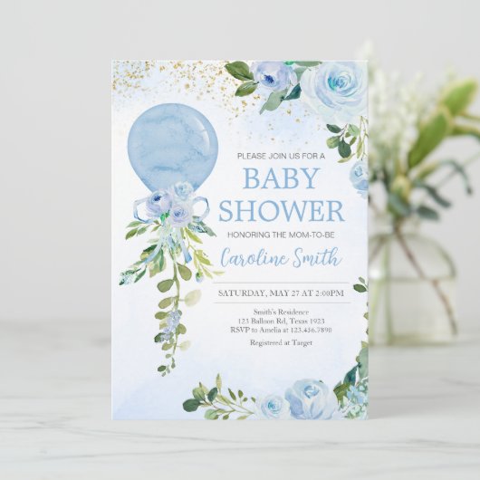 Boy Blue Balloon Greenery Baby shower Kaart (Staand voorkant)