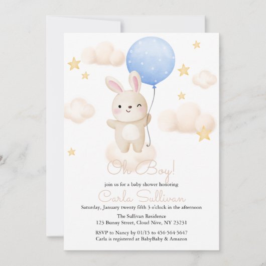 Boy Blue Balloon Schattige Bunny Baby shower Uitno Kaart (Voorkant)