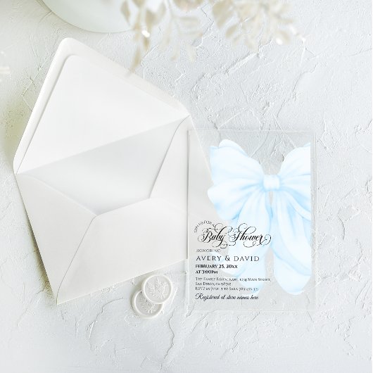 Boy Blue Bow Modern Elegant Baby shower Acryl Uitnodigingen