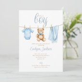 Boy Blue Clothesline Baby Shower Photo QR Code Kaart (Staand voorkant)