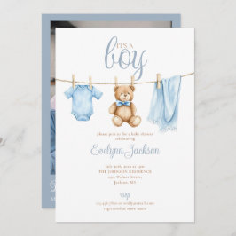 Boy Blue Clothesline Baby Shower Photo QR Code Kaart