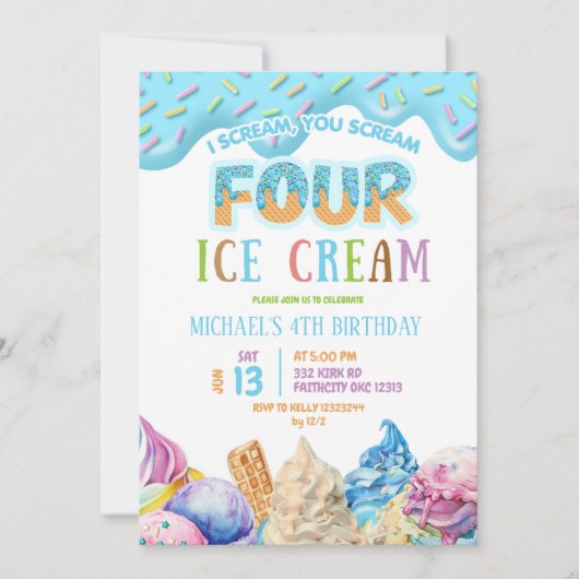 Boy Blue Drip Ik schreeuw Vier ijsjes 4e verjaarda Kaart (Voorkant)