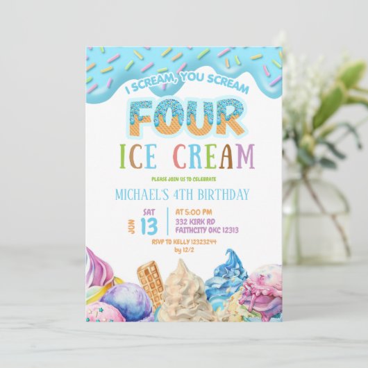 Boy Blue Drip Ik schreeuw Vier ijsjes 4e verjaarda Kaart (Staand voorkant)