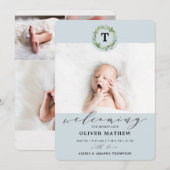Boy Blue Eucalyptus Greenery Monogram Baby Geboort Aankondiging (Voorkant / Achterkant)