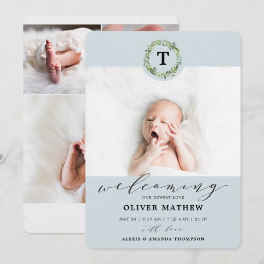 Boy Blue Eucalyptus Greenery Monogram Baby Geboort Aankondiging (Voorkant / Achterkant)