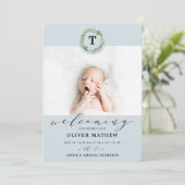 Boy Blue Eucalyptus Greenery Monogram Baby Geboort Aankondiging (Staand voorkant)