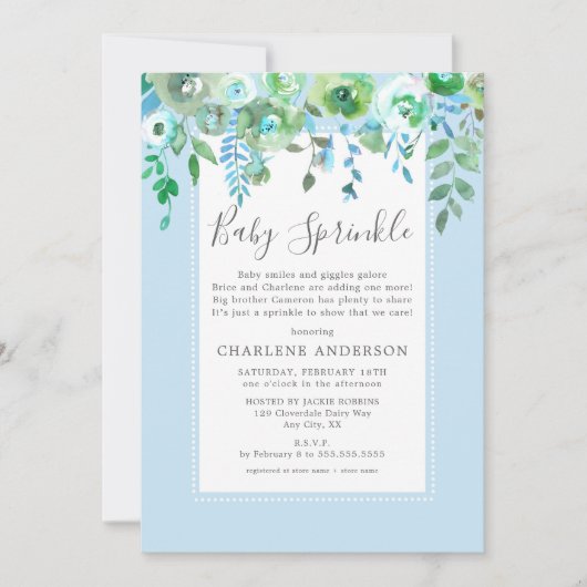 Boy Blue Floral Baby Sprinkle Kaart (Voorkant)