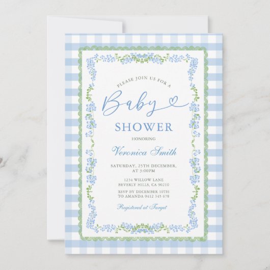Boy Blue Floral Grandmillenial Baby Shower Gingham Kaart (Voorkant)