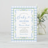 Boy Blue Floral Grandmillenial Baby Shower Gingham Kaart (Staand voorkant)