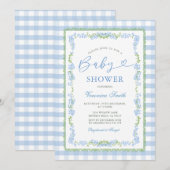 Boy Blue Floral Grandmillenial Baby Shower Gingham Kaart (Voorkant / Achterkant)