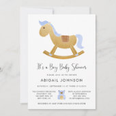 Boy Blue Gold Retro Rocking Horse Baby shower Kaart (Voorkant)