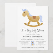 Boy Blue Gold Retro Rocking Horse Baby shower Kaart (Voorkant / Achterkant)