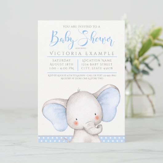 Boy Blue Grey Elephant Baby shower Kaart (Staand voorkant)