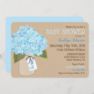 Boy Blue Hydrangea Mason Jar Rustic Baby shower Kaart