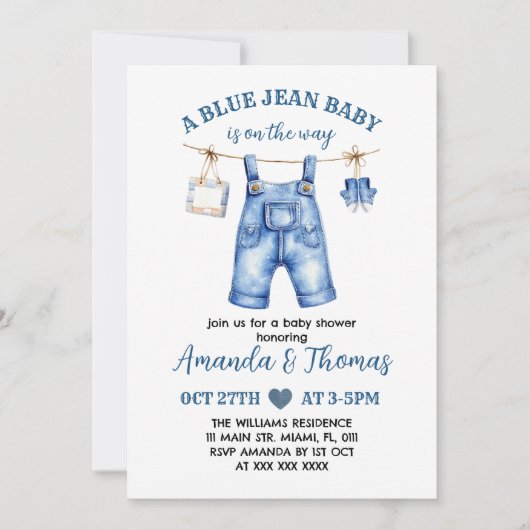 Boy Blue Jean Baby shower uitnodiging (Voorkant)