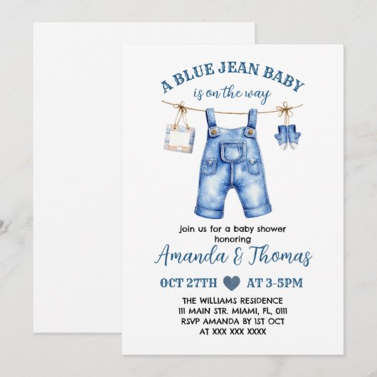 Boy Blue Jean Baby shower uitnodiging (Voorkant / Achterkant)